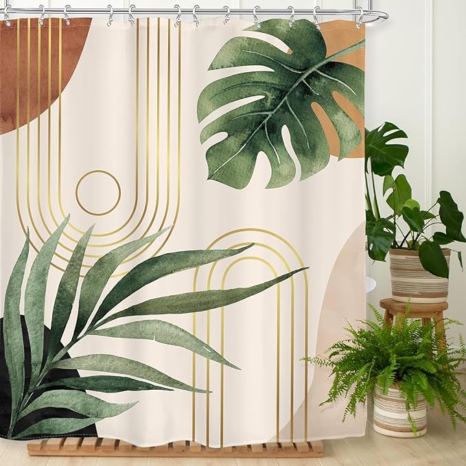 Glawry Mid Century Plant Shower Curtain Boho Botanical Tropical Abstract Minimalist Bohemian Leaves Bathroom Curtains Set Palm 72Wx78L Inches Bath Accessories Art Home Decor Fabric 12 Pack Hooks