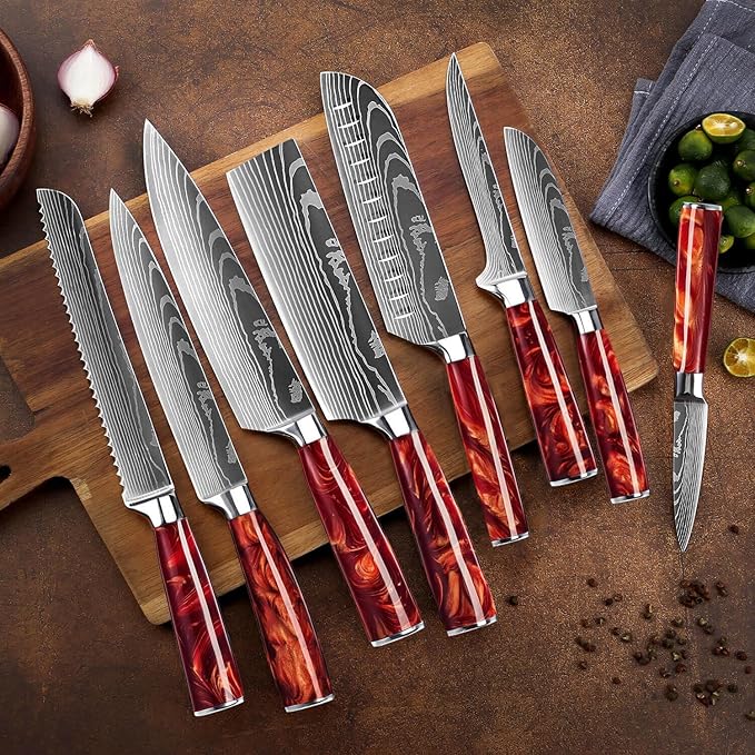 SENKEN 8-piece Japanese Kitchen Knife Set with Red Resin Handle and Laser Damascus Pattern - Crimson Collection - Chef's Knife, Santoku Knife, Paring Knife, & More - Ultra Sharp for Very Fast Cutting