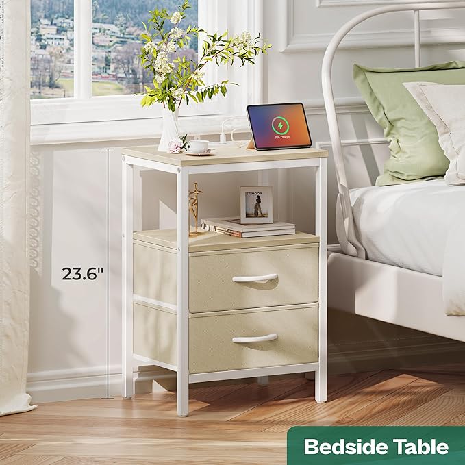 Huuger Nightstand with Charging Station, Side Table with Fabric Drawers, End Table with Open Shelf, Bedside Table with USB Ports and Outlets, Night Stand for Bedroom, White Marple