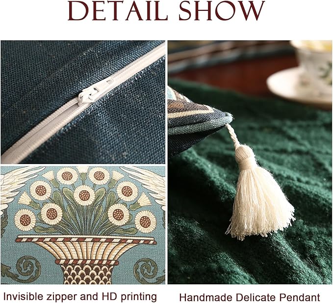 Green Throw Pillow Covers Set of 4,French Farmhouse with White Birds and Flowers Pattern Linen Pillowcases,Decorative Round Square Lumbar Pillows Cushion Covers for Couch Sofa Bed Chair