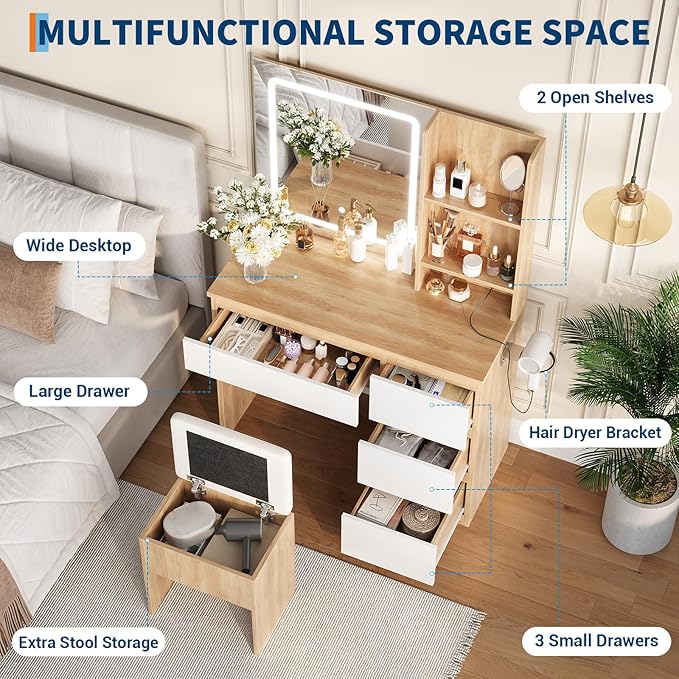 Vanity Desk with Mirror and LED Light, Vanity Desk with 4 Drawers, Power Outlet, Storage Stool, Storage Shelves & Hair Dryer Holder, Adjustable 3 Lighting Mode, Makeup Vanity Set for Bedroom, Natural