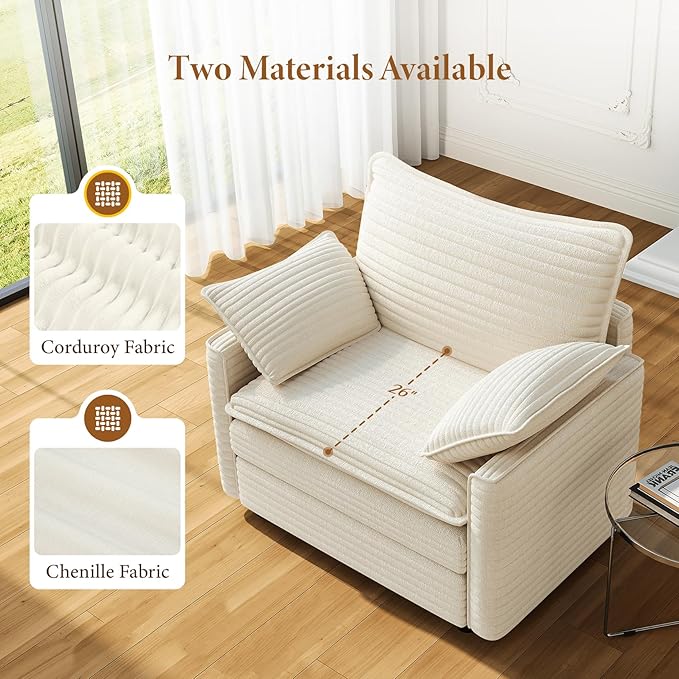 Vesgantti 40" Single Seat Sofa, Comfy Cloud Couch Deep Seat Upholstered Couch Corduroy Modern Sofa with Armrest Pillow, Easy Assembly for Living Room, Bedroom and Apartment, Beige