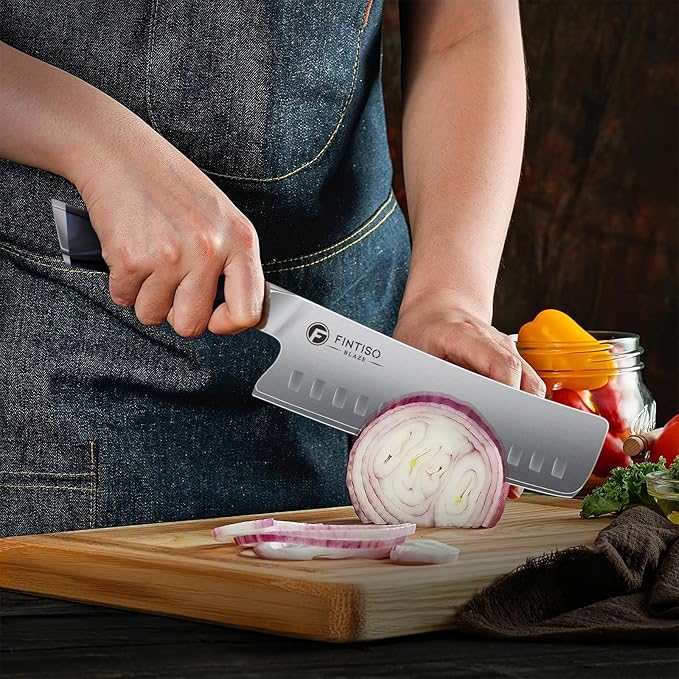 FINTISO 7" Nakiri Knife, Vegetable Chopping Knife with G10 Ergonomic Handle, Japanese High Carbon Stainless Steel Sharp Kitchen Cleaver in Gift Box