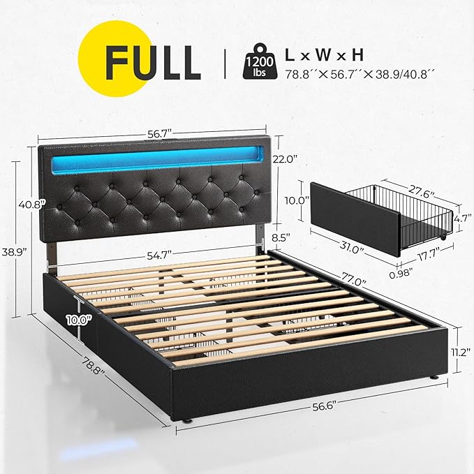 Rolanstar Full Size Bed Frame with LED Lights and USB Ports, Upholstered PU Leather Bed with Adjustable Headboard and 4 Storage Drawers, No Box Spring Needed, Easy Assembly, Black