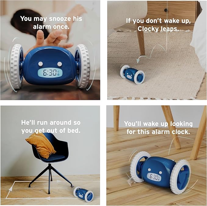 CLOCKY Extra Loud Alarm Clock for Heavy Sleepers on Wheels Rolls Runs Away Vibrating Easy to Set Super Smart Snooze Digital Bed Shaker Alarm Clock Funny Gift for Adults Kids Teens Bedrooms (Navy)