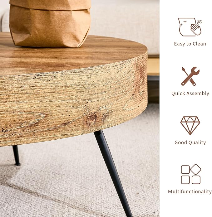 31.5'' Round Coffee Table for Living Room, Wood Texture Table Top, Black Metal Table Legs Tea Table for Dining Room Apartment Small Space (Brown)