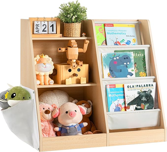 3 Tier Kids Wooden Bookshelf with Extra Pocket, Baby Toddler Bookshelf and Toy Storage Organizer with Three Layer Sling Bookcase for Kids Room Playroom Nursery Classroom