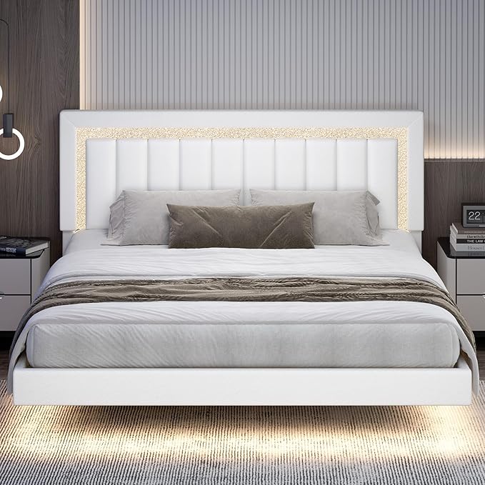 HOMBCK Floating Bed Frame King with Smart LED Lights, Faux Leather Upholstered Bed with Diamond PU Headboard, No Box Spring Needed, Noise-Free, Easy Assembly, White