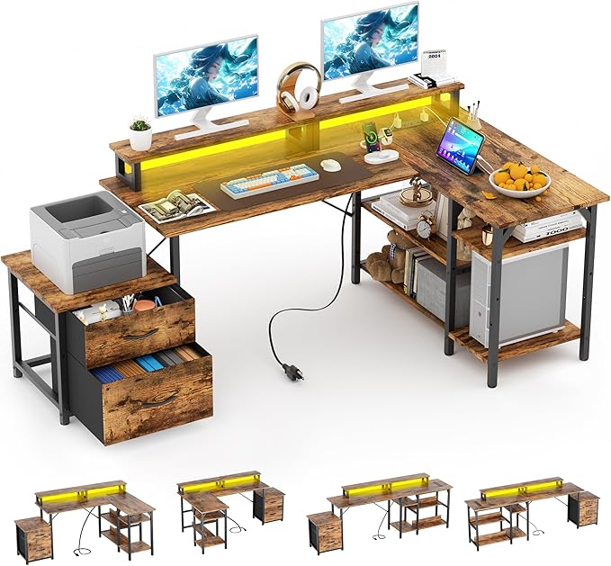 67'' L Shaped Compuer Desk with Drawers, Large Gaming Desk with File Drawer & 2 Monitor Stands, Corner Desks for Home Office, Rustic Brown