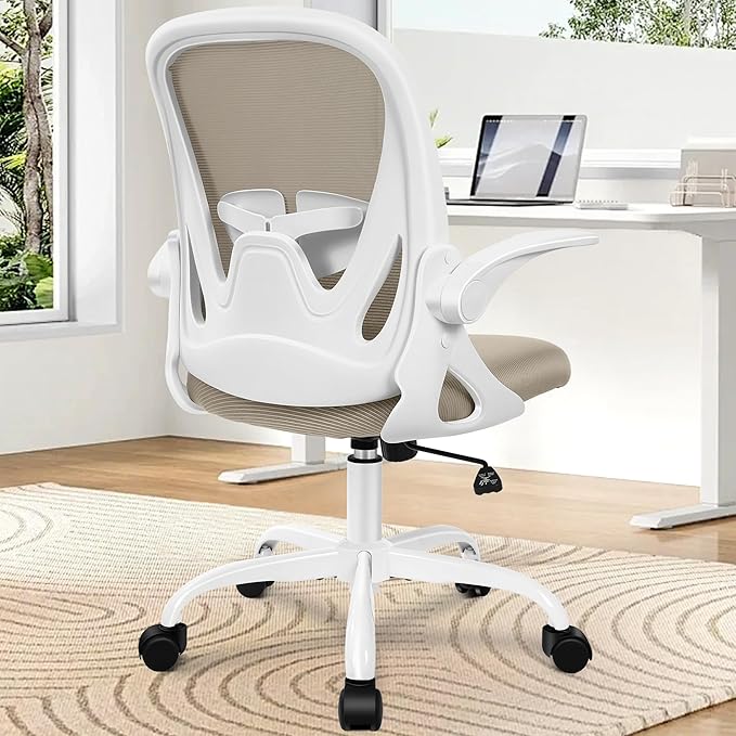 Primy Office Chair Ergonomic Desk Chair with Flip up Armrests Swivel Breathable Desk Mesh Computer Chair with Adjustable Lumbar Support and Height for Conference Room (Khaki)
