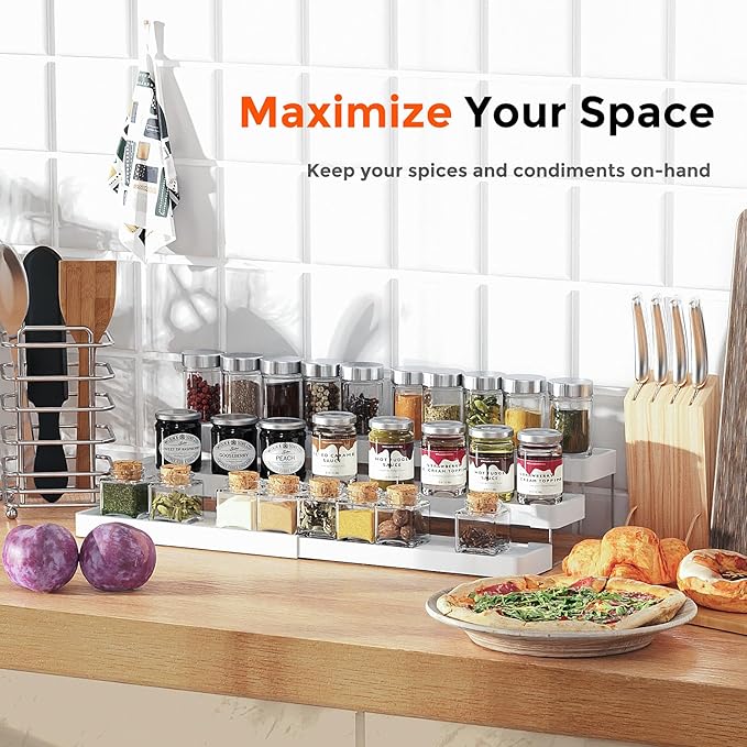 2 Pack Expandable Spice Rack Organizer for Cabinet - 3 Tier Adjustable Cabinet Spice Organizer Easy Visibility - Spice Organizer for Cabinet Countertop Cupboard Pantry Organization (White)
