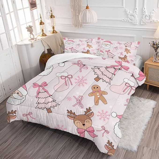 Light-Pink Kids Christmas Comforter Set King Size, Cute Santa Claus Christmas Tree and Reindeer Printed Bedding Set for Girls, Cartoon Xmas Bed Set with 1 Comforter and 2 Pillowcases