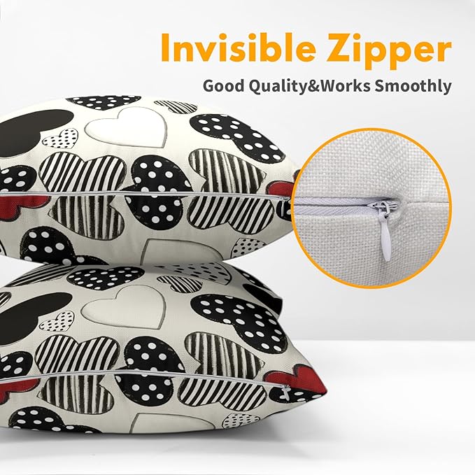 Kawani Valentines Day Pillow Covers 20x20 Inch Black and White Heart Outdoor Decorative Throw Pillow Covers Set of 2 Valentine's Day Pillowcases Farmhouse Cushion Covers for Couch Sofa Decor