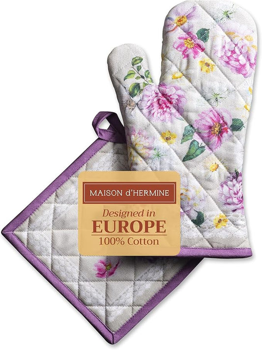 Maison d' Hermine 100% Cotton Oven Mitt & Pot Holder Set (7.5"x13" & 8"x8") Heat Resistant BBQ Cooking Gloves with Loop, Baking, Grilling, Kitchen, Handling Hot Pans Spring/Summer (Pivoine)