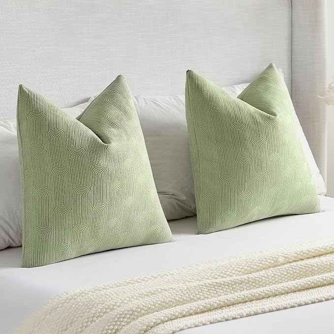 FUTEI Sage Green Chenille Decorative Throw Pillow Covers 22x22 Inch Set of 2,Soft Cozy Striped Geometric Patterns Cushion Case,Modern Home Decor for Couch Bed Living Room