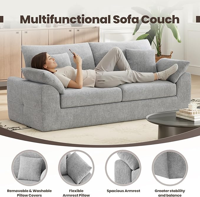 90" Boneless Loveseat Sofa, Cloud Foam Couch, 3 Seater Upholstered Midcentury Mondern Love Seat, Wide Armrest and 4 Pillows for Home Living Room/Small Spaces, No Assembly Required, Grey