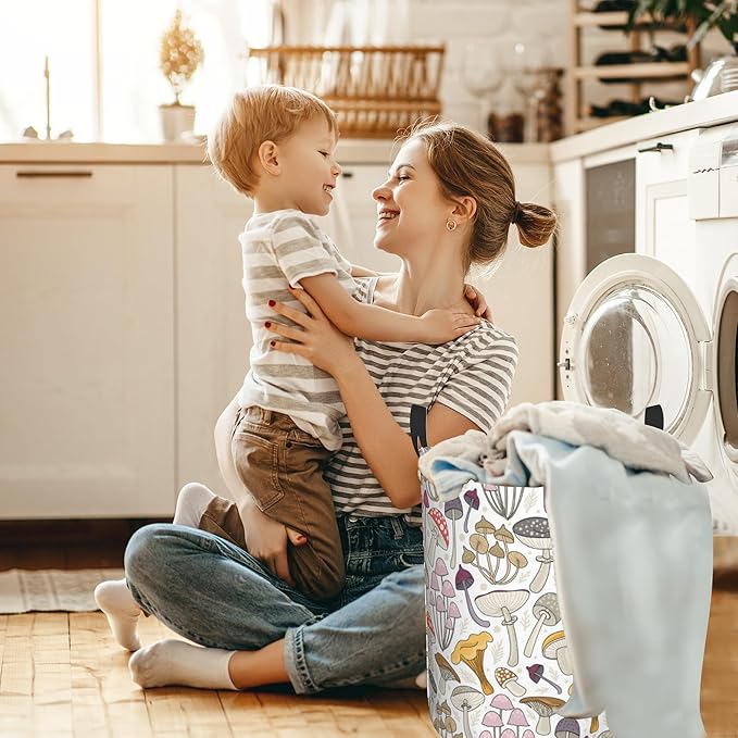 Mushroom Retro Laundry Basket,Waterproof Mushrooms Laundry Hamper,Collapsible Organizer Basket for Storage Bin Toy Bins, Dirty Clothes Laundry Basket for Living Room/Bathroom/Bedroom