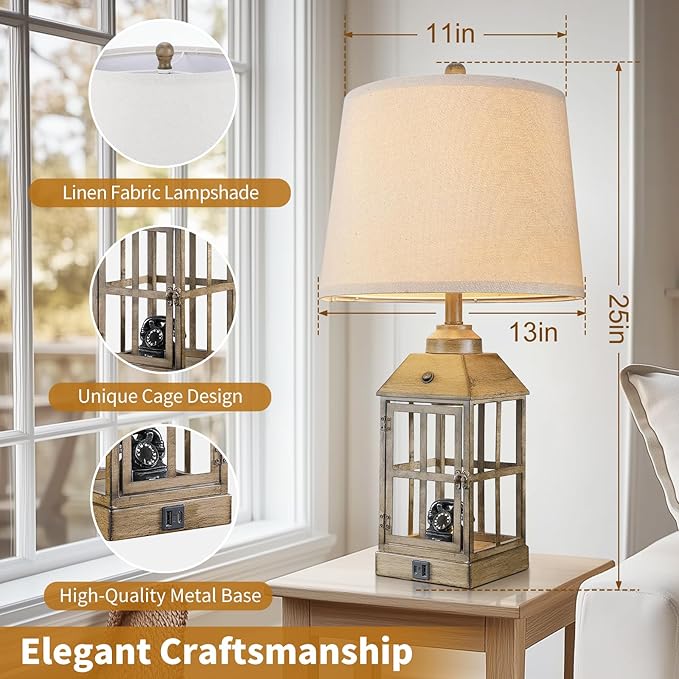25" Farmhouse Table Lamps for Living Room, Table Lamps Set of 2 with USB Port and Nightlight, Rustic Table Lamp for Bedroom, Bedside Lamp for Nightstand, End Table, Home, LED Bulbs Included (Wood)