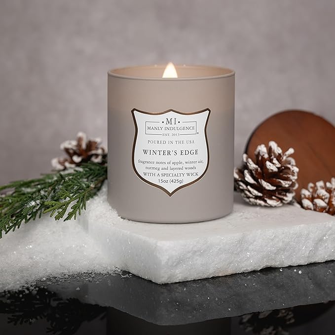 Manly Indulgence Winters Edge Scented Candles for Men, 15 oz Wooden Wick, Premium Soy Blend Wax, 60H Burn, Candles for Home Scented - Made in The USA