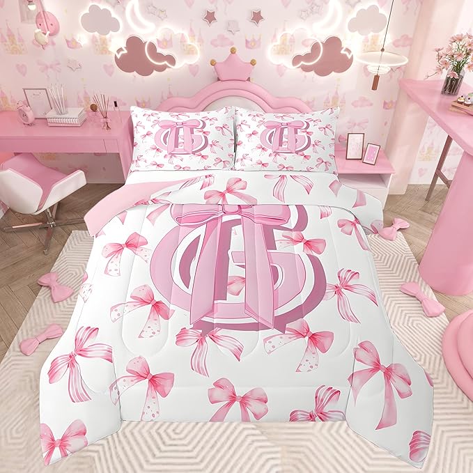 jejeloiu Kids Girls Cute Pink Bow Comforter Set Toddler Size Monogrammed Bedding Set Ultra Soft Personalized Initial G Duvet Quilt Coquette Bow Knot Quilt Set Room Decor Modern Fashion Comforter