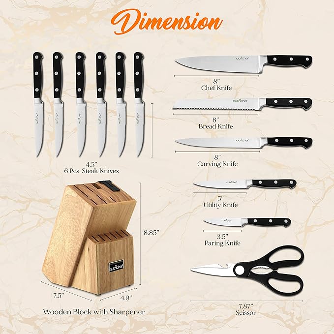 NutriChef 13-Piece Kitchen Knife Set with Wooden Block - Precision Crafted Stainless Steel Knives with Scissors & Built-In Sharpener - Lightweight, Durable, & Razor Sharp - Dishwasher Safe (NCKNS13)