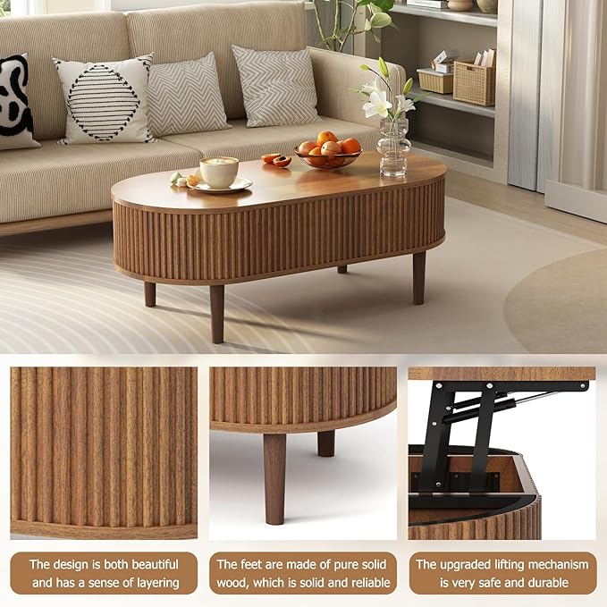 Ludatido 39 Inch Lift Top Coffee Table with 3 Storage for Living Room, Oval Coffee Table with Hidden Compartment, Fully Wooden Center Easy to Assembled for Home Living Room Office Brown