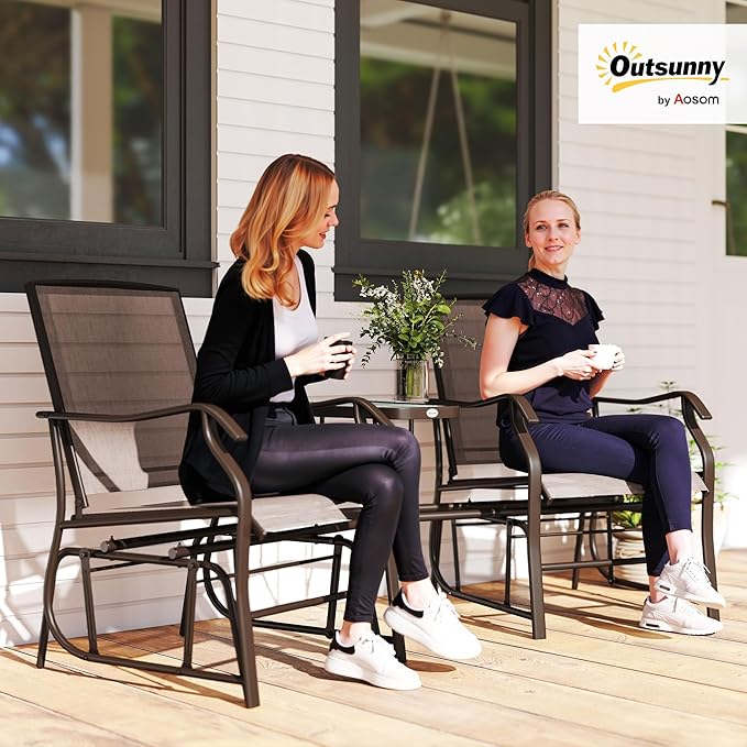 Outsunny Outdoor Glider Chairs with Coffee Table, Patio 2-Seat Rocking Chair Swing Loveseat with Breathable Sling for Backyard, Garden, and Porch, Coffee Brown