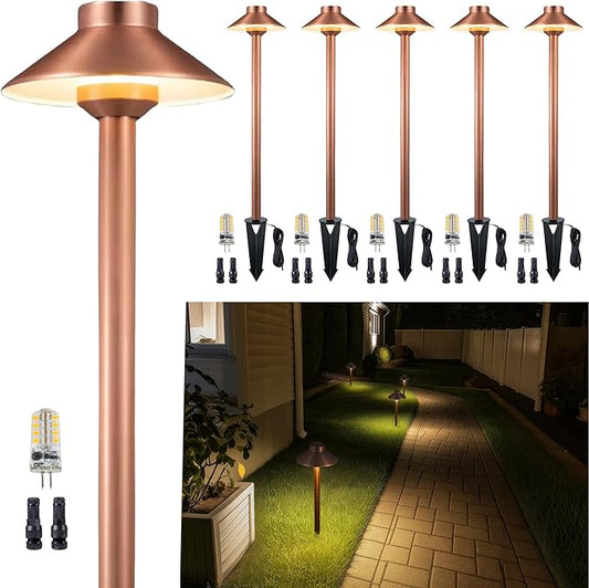 LED Brass Copper Landscape Path Lights(Hat), Waterproof Outdoor 12V Low Voltage for Walkway Driveway Garden Yard with Ground Stake with 3W 2700K G4 Bulb(6 Pack)