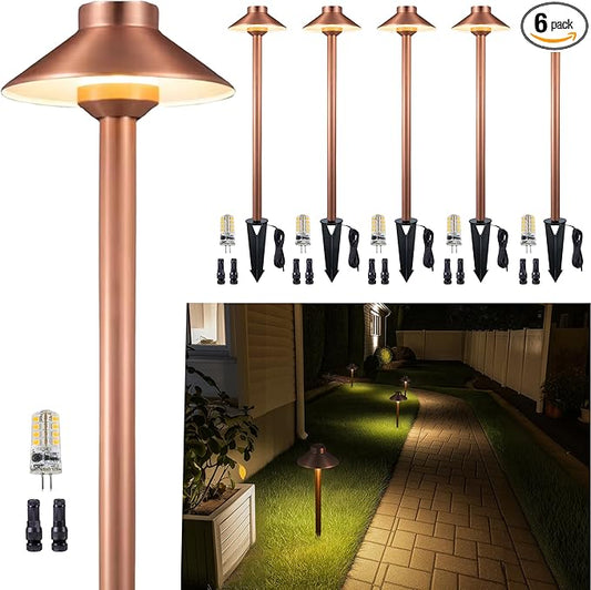Brass Copper Low Voltage Pathway Lights, Waterproof Landscape Outdoor Path Light, 12V LED Bronze Hat Top Driveway Lamp for Garden Yard House with 3W 270LM 5000K G4 Bulb 6 Pack