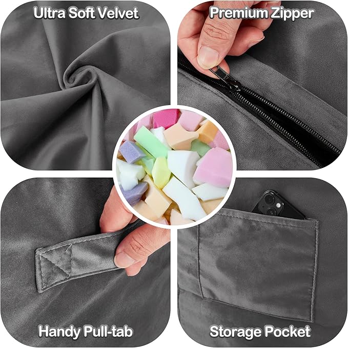 Homguava 6FT Bean Bag Chair Giant BeanBag with Memory Foam Filled, Large Bean Bag Chairs for Adults, Adult Bean Bag Chair with Dutch Velvet Cover for Living Room Bedroom-Grey