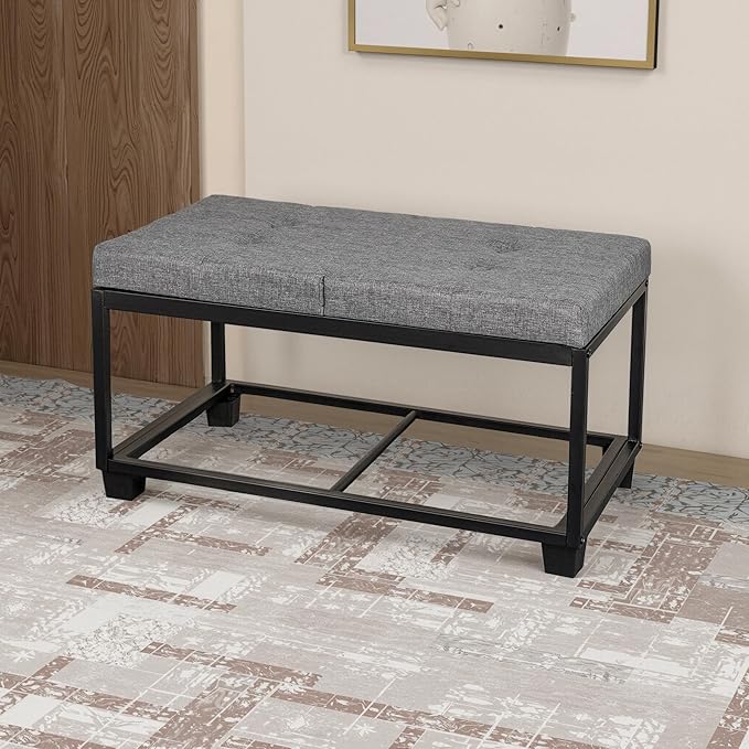 LITZFUE Metal Storage Ottoman Bench with Flipping Lid, 30 Inches Shoe Bench with Legs, Linen Footrest, Storage Chest for Living Room, Bedroom, Entryway, Dark Gray