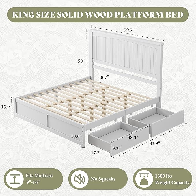 AMERLIFE King Size Solid Wood Bed Frame with 50" Tall Headboard, Mid-Century Modern Bed with Storage, Wooden Platform Bed with 2 Drawers, No Box Spring Needed, White