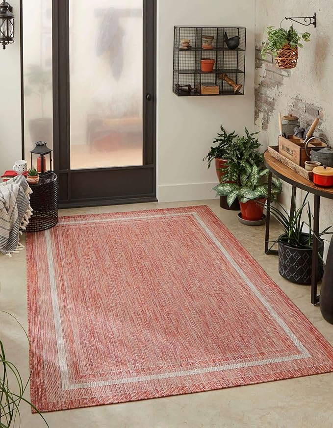 Unique Loom Outdoor Border Collection Area Rug - Soft Border (10' x 13' 1" Rectangle Rust Red/Ivory)