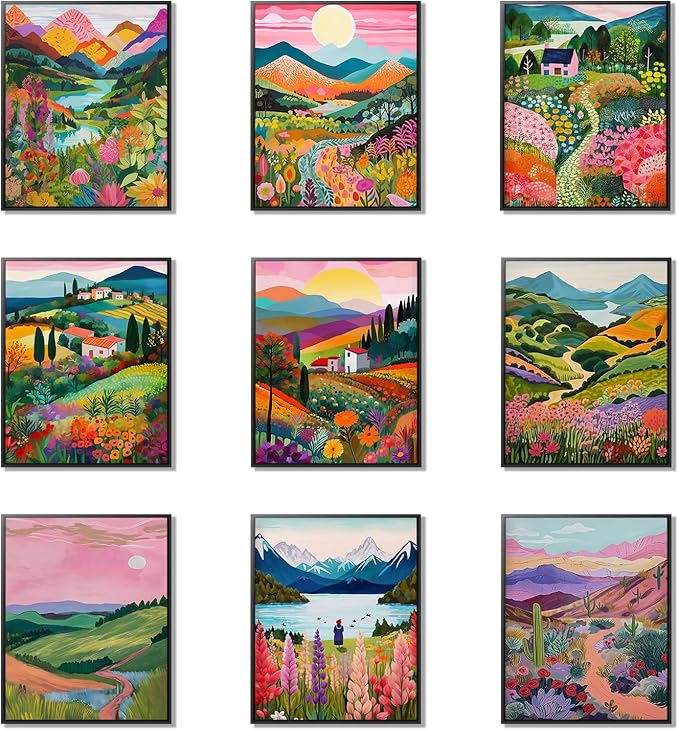 Plant Floral Landscape Wall Art Set of 9, Colorful Abstract Nature Landscape Posters Wall Decor, Boho Canvas Artwork for Living Room Dining Room Bedroom Bathroom Home Decoration 8x10In Unframed