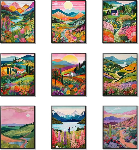 Plant Floral Landscape Wall Art Set of 9, Colorful Abstract Nature Landscape Posters Wall Decor, Boho Canvas Artwork for Living Room Dining Room Bedroom Bathroom Home Decoration 8x10In Unframed