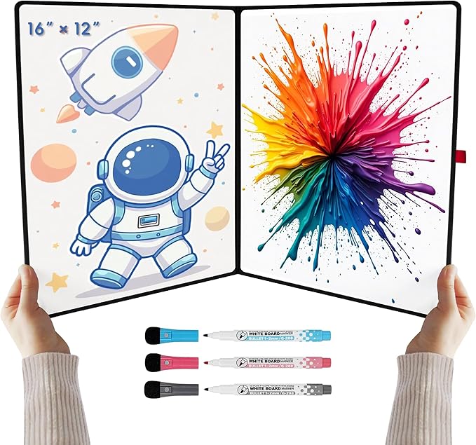 Double-Sided White Board 16×12inch - Expands to 24“×16” Dry Erase Board with 3 Markers & Anti-Ghosting Surface | Magnetic-Ready | Ultra-Thin for Office,School,Travel,Home(16"×12"-Black)
