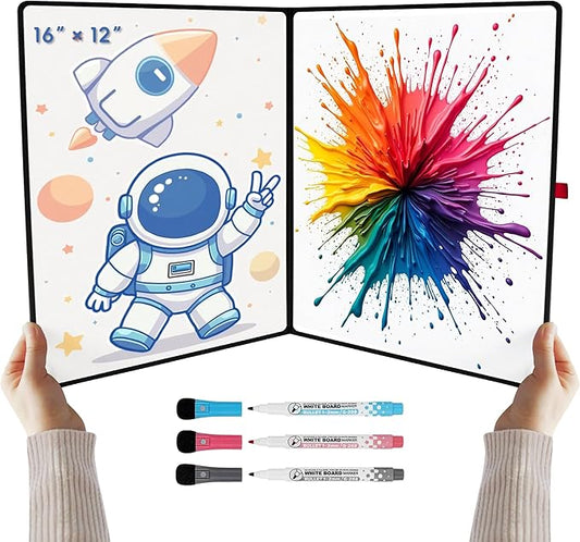 Double-Sided White Board 16×12inch - Expands to 24“×16” Dry Erase Board with 3 Markers & Anti-Ghosting Surface | Magnetic-Ready | Ultra-Thin for Office,School,Travel,Home(16"×12"-Black)