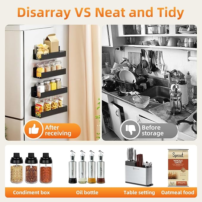 Spice Rack Wall Mount: 4 Packs Oversize Pantry Organization And Storage Rack Without Drilling - 11.8 Inch Black Large Adhesive Hanging Kitchen Spice Racks for Smooth Wall - Seasoning Rack