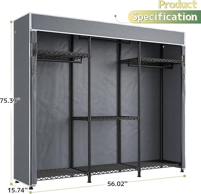 Raybee Heavy Duty Clothes Rack with Cover 800 LBS Clothing Racks for Hanging Clothes for Bedroom 56" Wx 16" Dx75.5 H