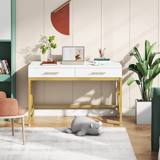 Tribesigns Modern Computer Desk with 2 Drawers, 41 Inches Study Writing Office Desk for Home Office, Bedroom, Makeup Vanity Table Desk with Gold Metal Frame, White & Gold
