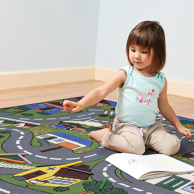 Ottomanson 5' x 6'6" Kids Road Map Rug - Interactive City Traffic Play Mat for Toy Cars - Perfect for Playroom, Bedroom, Daycare & Classroom - Durable & Non-Slip for High-Traffic Areas, Multicolor