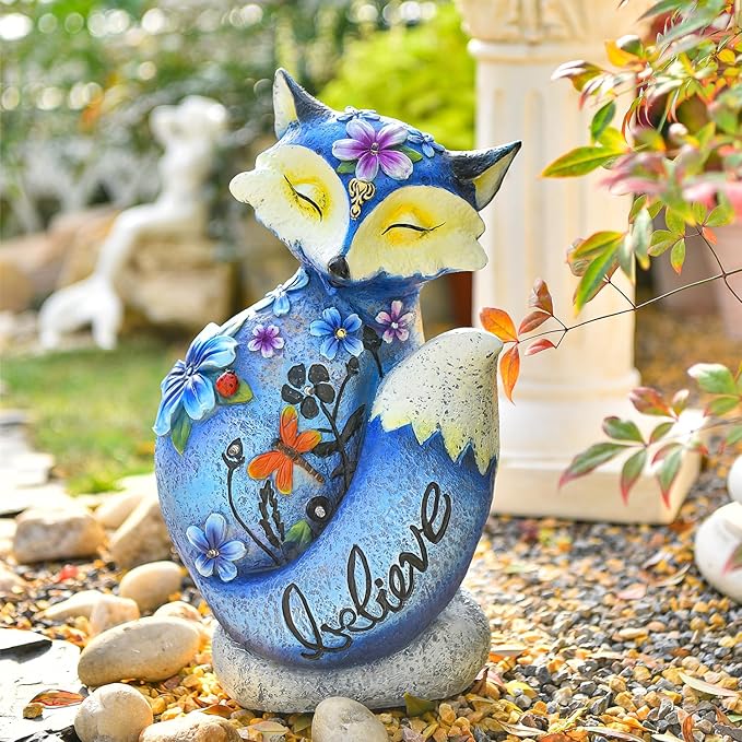 Sungmor Solar Garden Statue Fox Figurine with LED Lights, Solar Powered Resin Sculpture Yard Lawn Ornaments, Hand-Painted Outdoor Figurine Lights Decorations, Housewarming Gift