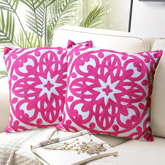 Alysheer Embroidered Decorative Throw Pillow Covers 18"x18" Set of 2 Pieces, Cozy Chic Boho Mandala Knit Pattern, Durable 100% Cotton Canvas Cushion Cases for Sofa Couch Living Room(Vivid Hot Pink)