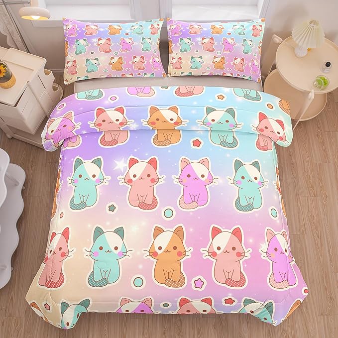 Tailor Shop Cat Girls Comforter Sets Queen Size,Cat Bedding Sets for Girls Kids Teens with 1 Pillowcase……