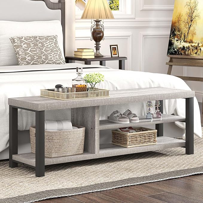 FOLUBAN Shoe Storage Bench, Rustic Wood Entryway Bench for Hallway Entrance, Vintage Indoor Bench with Shoe Storage and Seating for Bedroom Living Room, Light Grey, 47 Inch