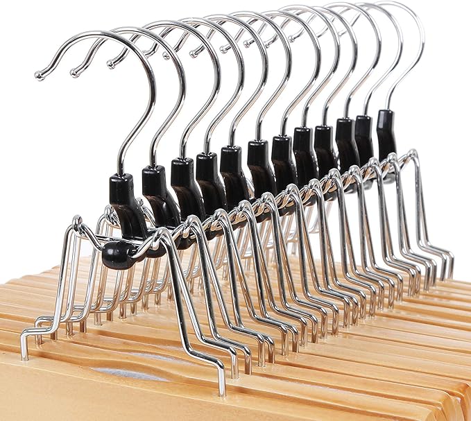 SONGMICS 12 Pack Wooden Pants Hangers, Premium Solid Wood with Non-Slip Felt, Hold Pants Tightly, Smooth Finish Wood Skirt Hangers, with 360° Swivel Hook, Natural UCRW007-12