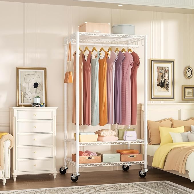 FUTASSI P6 Rolling Clothes Rack Heavy Duty, Clothing Racks for Hanging Clothes, Freestanding Garment Rack with Wheels, Portable Closet Rack Max Load 380 LBS, 35.5'' W x 14'' D x 74.6'' H, White