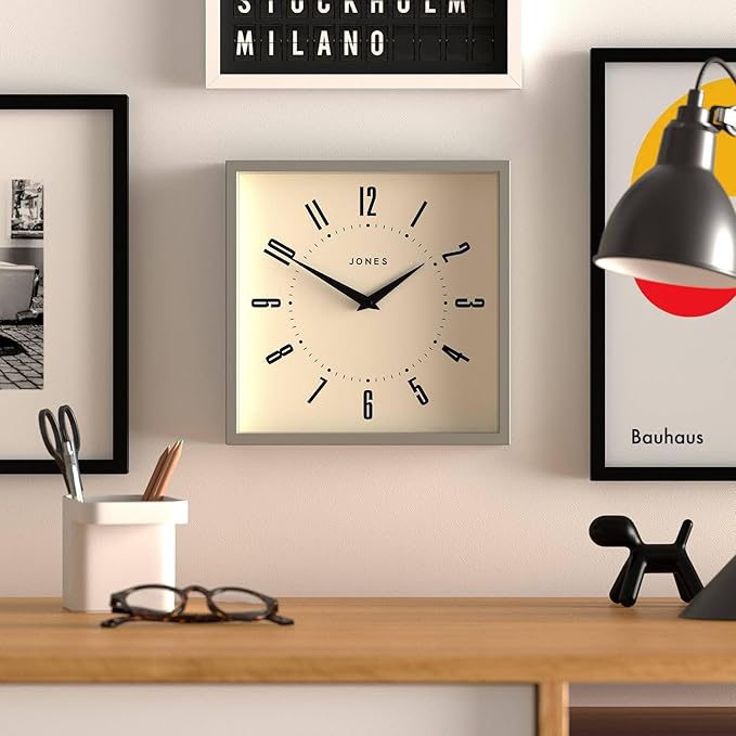 JONES CLOCKS® Box Wall Clock | Retro Square | 25cm | Gray | Easy to Read Numbers | Perfect Kitchen or Office Clock
