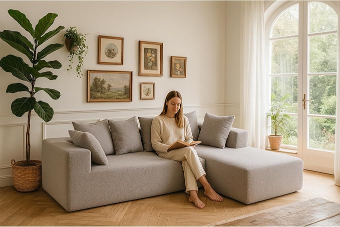 KEIKI L-Shape Cloud Sectional Sofa, 96” Modern Modular Boneless Couch with Left Chaise Lounge, Upholstered Couches for Living Room Bedroom, Light Grey