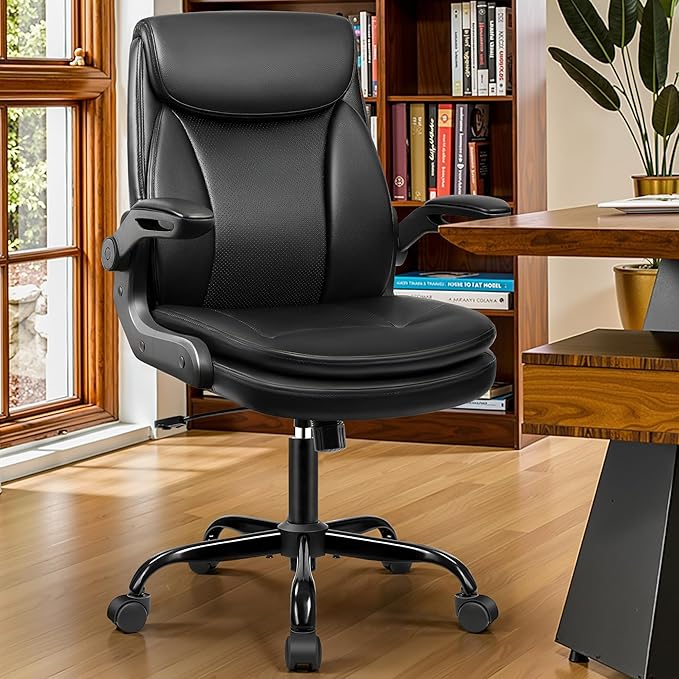 Office Chair Ergonomic Desk Chair - Premium Leather Executive Office Chairs with Lumbar Support Flip Up Armrests, Home Office Desk Chairs Computer Chair with Rocking Function Adjustable Height